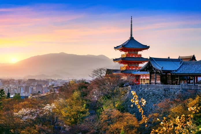 Kiyomizu temple at sunset in Kyoto, Japan.