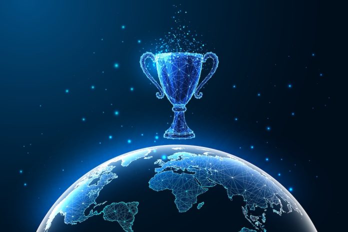 Digital trophy sat above the globe