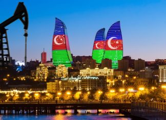 Azerbaijan considers reintroducing casinos on artificial islands Buildings in Baku, Azerbaijan lit up with the country's flag