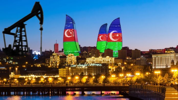 Buildings in Baku, Azerbaijan lit up with the country's flag