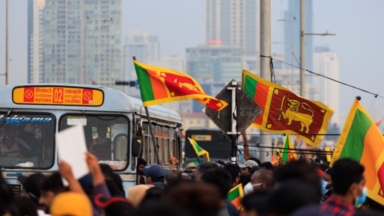 A crowd of people in Sri Lanka holding the country's flag