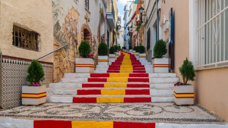 Steps painted in the orange and red colours of the Spanish flag
