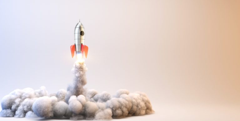 A rocket taking off, representing Ebaka Games' launch.