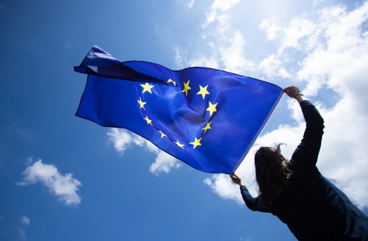 EC backs Digital Services Act as best weapon against illegal gambling Woman holds EU flag