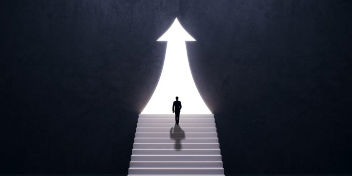 A man and an ascending arrow, to illustrate Ebaka Games opening to new business.