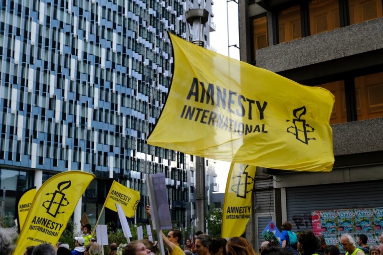 Amnesty International flag at a protest