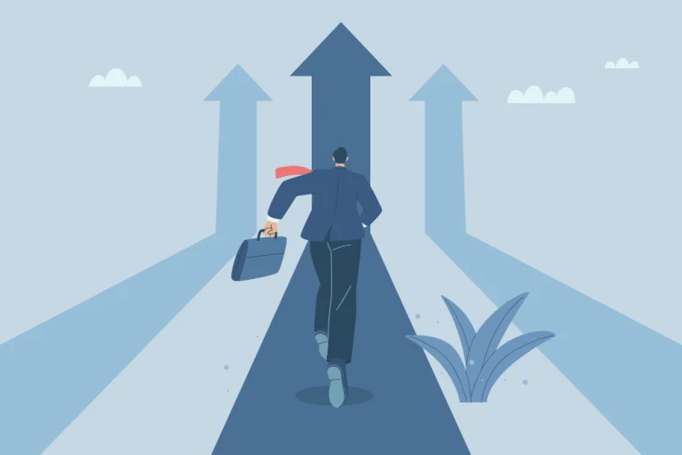 33 Years of Belatra: From land-based roots to global reach A man running along upwards arrows, illustrating Belatra's growth.