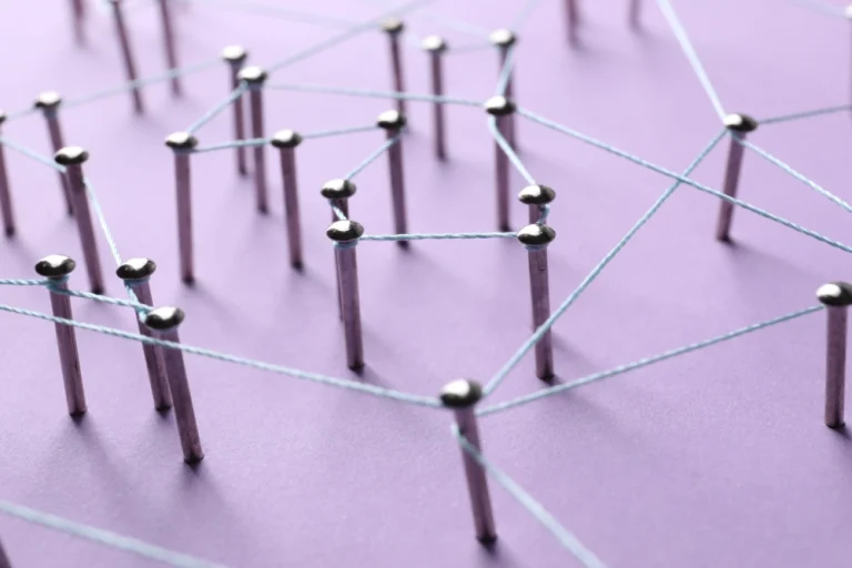 A thread runing through multiple pins, illustrating Vegangster's bet on community.