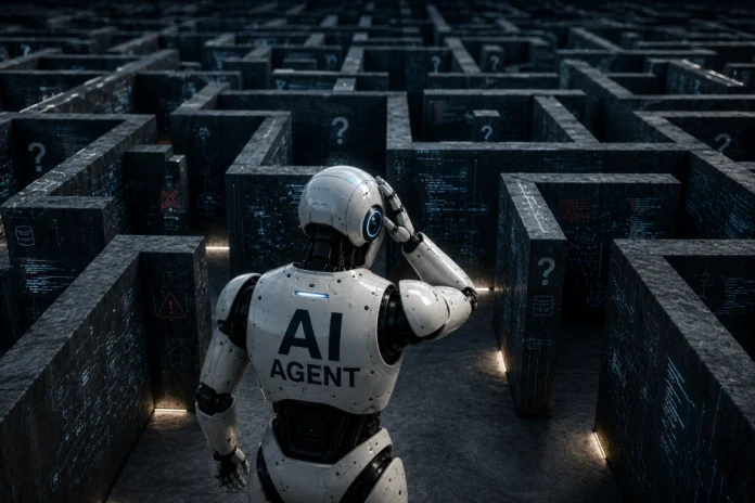AI-Fincore A robot faces a maze, illustrating challenges for agentic AI.