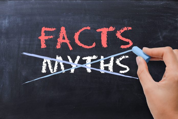 Myths,Or,Facts,Concept,With,Business,Woman,Hand,Drawing,On mythbusting written on a blackboard