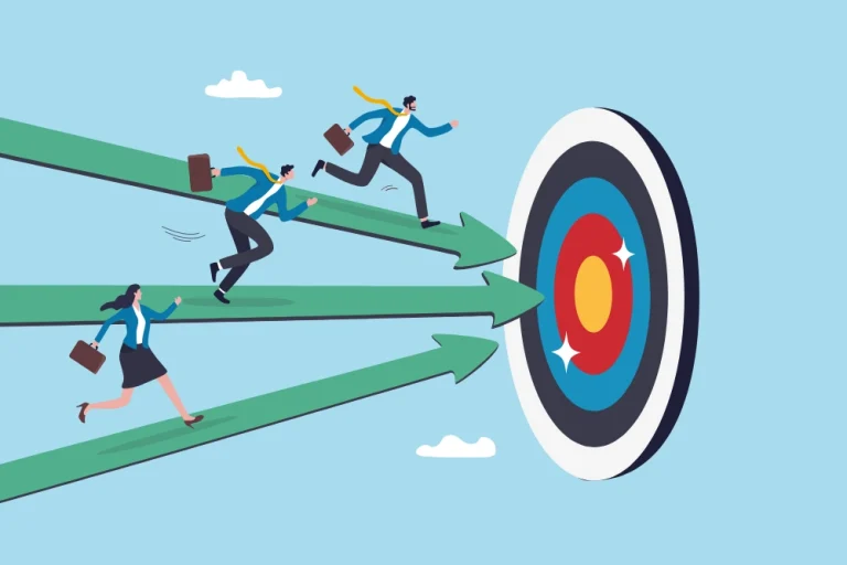 How Kalamba Games turned gamification into a competitive edge Business people in a race to a target, illustrating Kalamba Games' analysis.